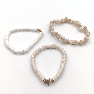 White Puka Shell Stretch Bracelets Set of 3 Heishi Beach Boho Coastal Hawaii
